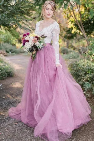 Roycebridal Pink Tulle A-line Long Sleeves Lace Top Vintage Wedding Dresses, MW919