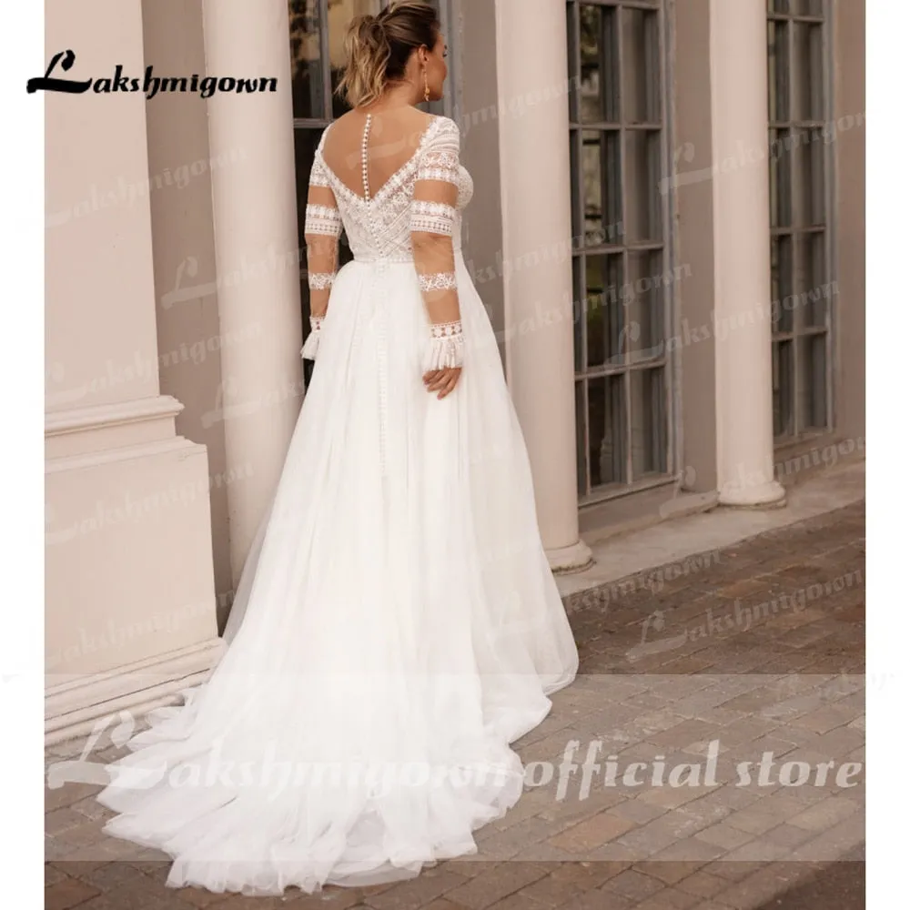 Roycebridal Plus Size Wedding Dress  Vestido Novia Elegant Bridal Tulle Long Beach Wedding Dresses Cap Sleeve Bridal Gown
