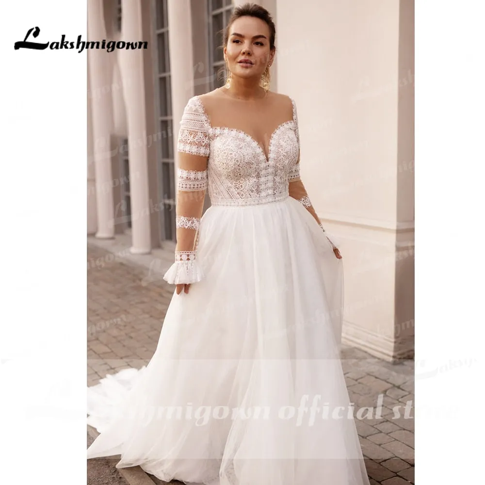 Roycebridal Plus Size Wedding Dress  Vestido Novia Elegant Bridal Tulle Long Beach Wedding Dresses Cap Sleeve Bridal Gown