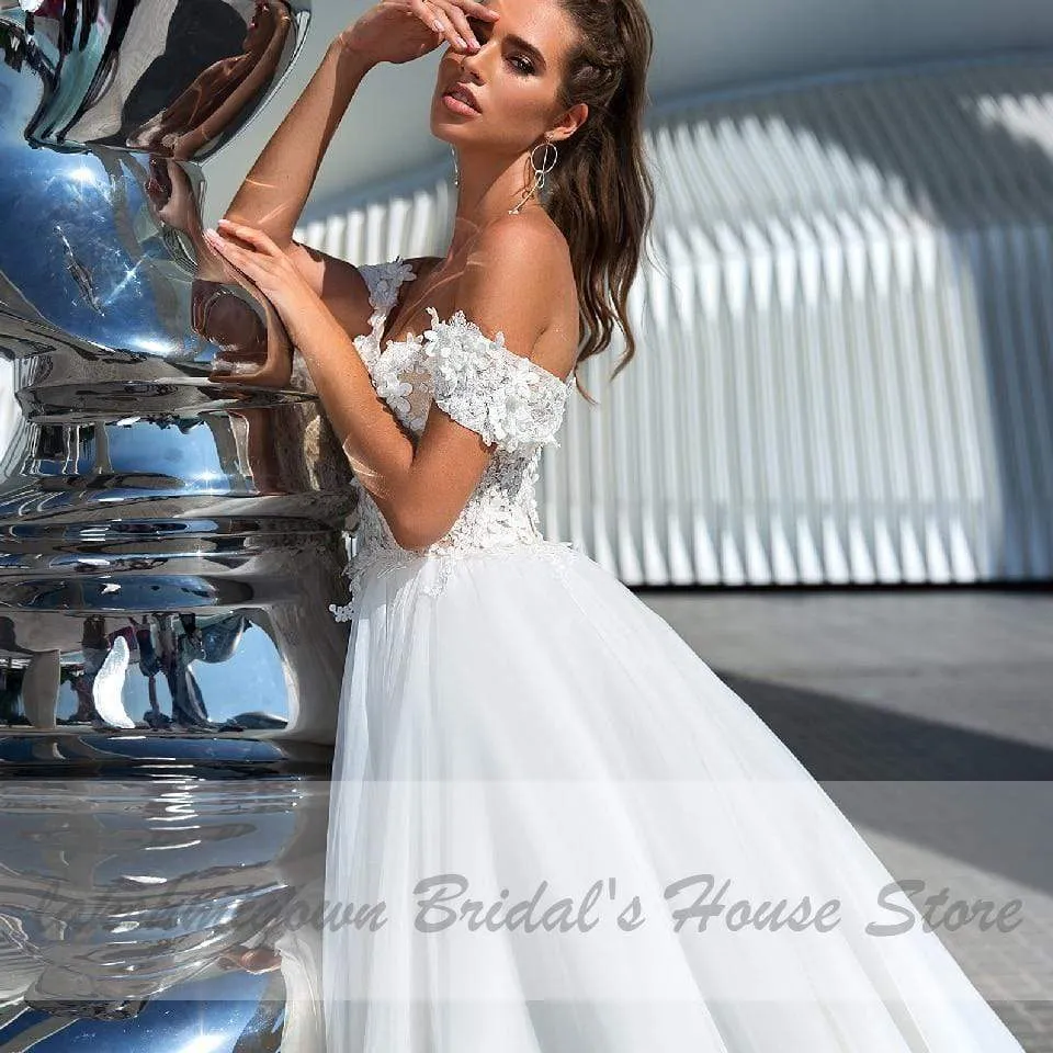 Roycebridal Princess Off Shoulder Wedding Dress Lace Up Back