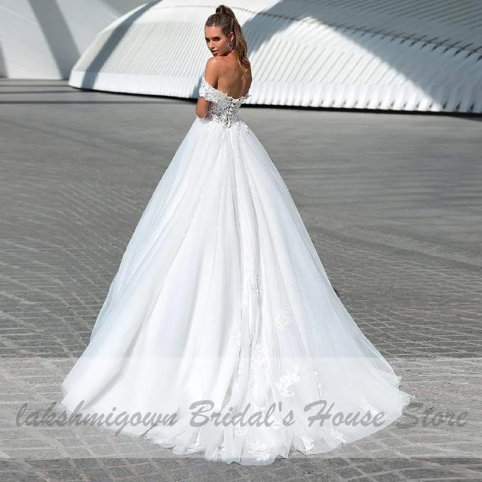 Roycebridal Princess Off Shoulder Wedding Dress Lace Up Back