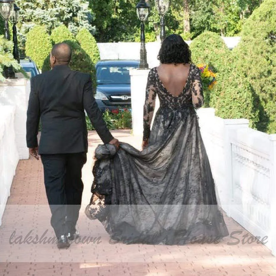 Roycebridal Puffy Plus Size Black Wedding Dress Long Sleeve