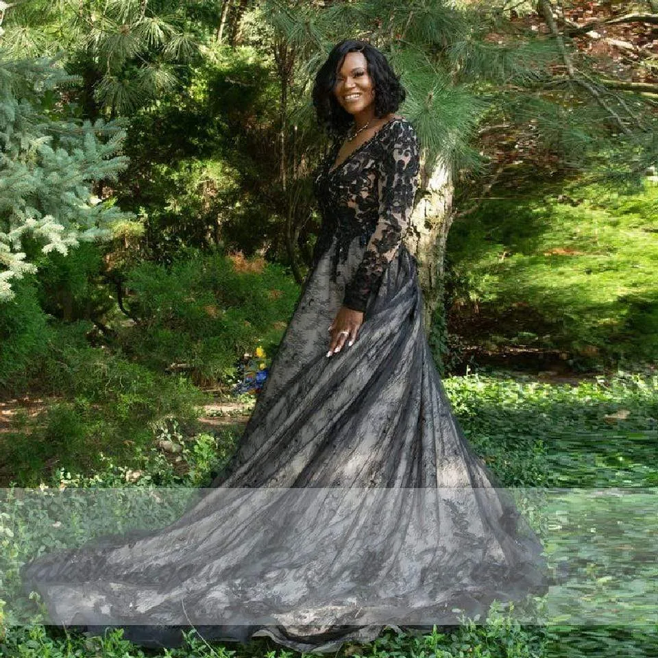 Roycebridal Puffy Plus Size Black Wedding Dress Long Sleeve