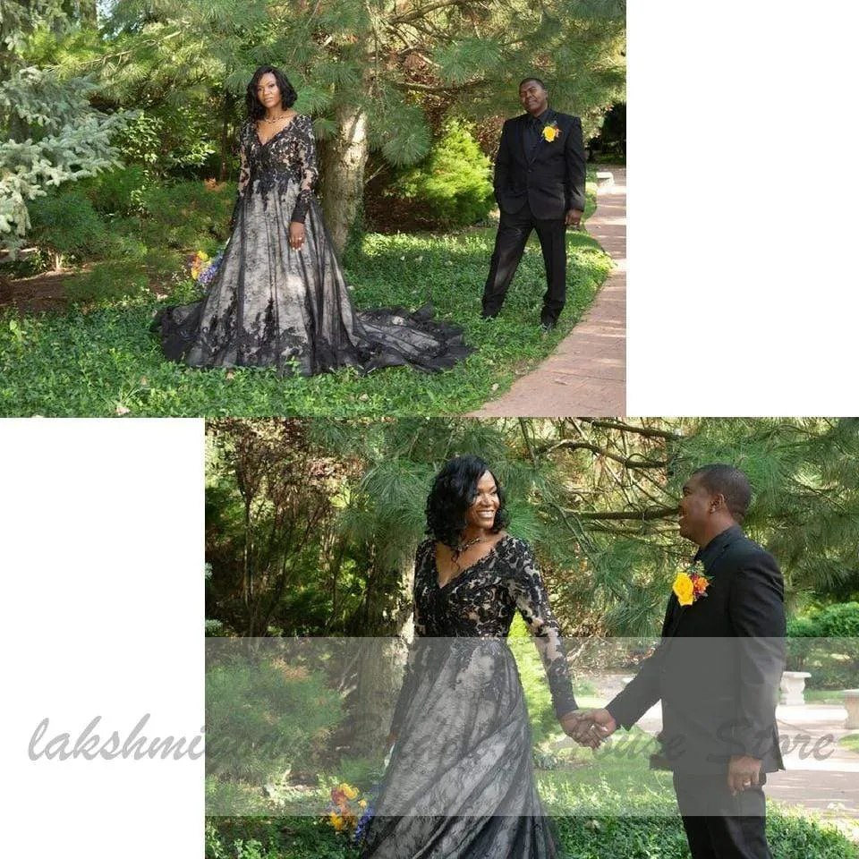 Roycebridal Puffy Plus Size Black Wedding Dress Long Sleeve