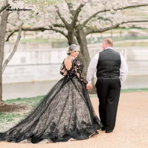 Roycebridal Puffy Plus Size Black Wedding Dress Long Sleeve