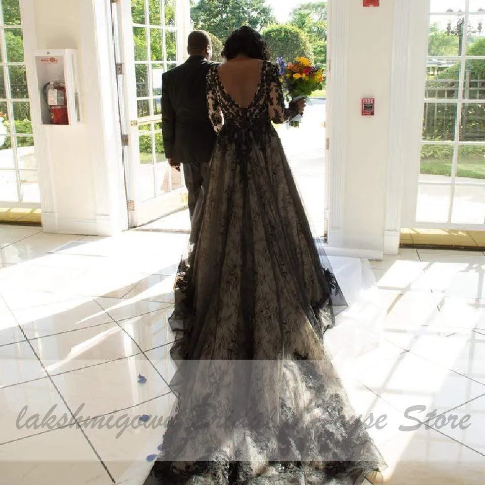 Roycebridal Puffy Plus Size Black Wedding Dress Long Sleeve