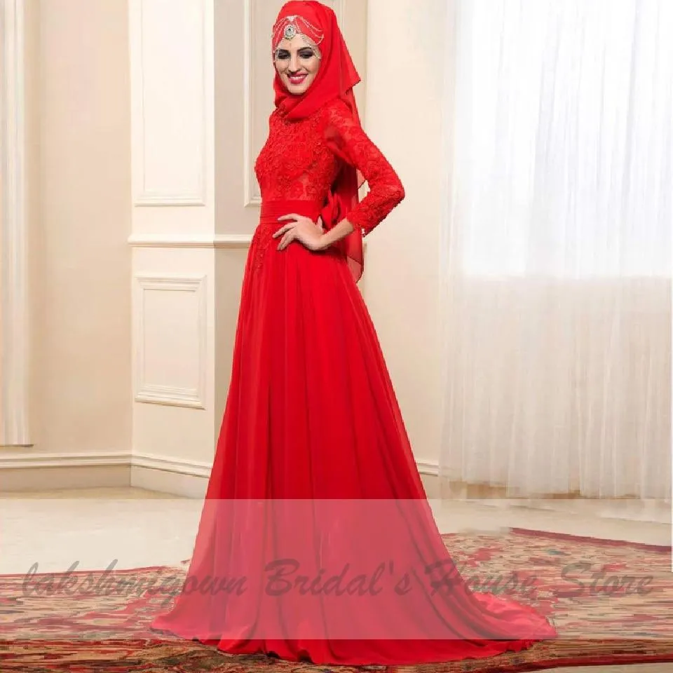 Roycebridal Red Hijab Wedding Dress Elegant Long Sleeve O Neck
