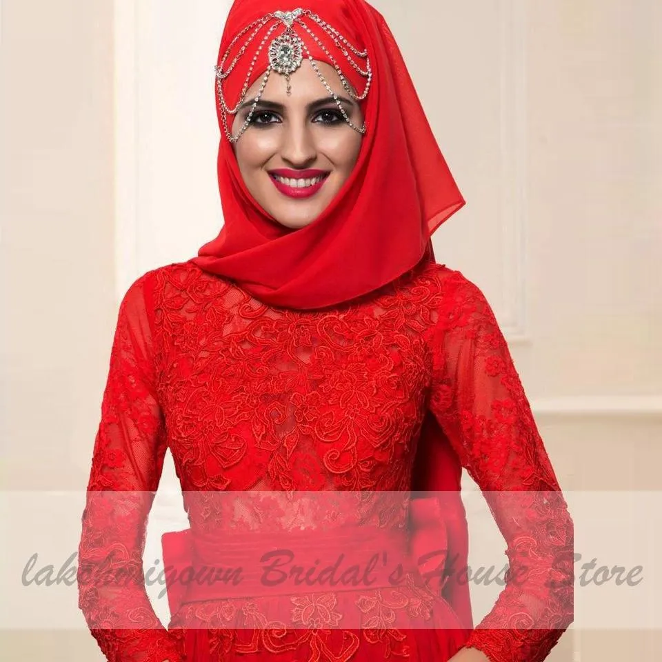 Roycebridal Red Hijab Wedding Dress Elegant Long Sleeve O Neck