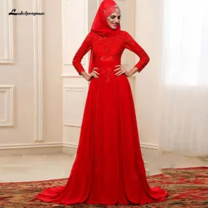 Roycebridal Red Hijab Wedding Dress Elegant Long Sleeve O Neck