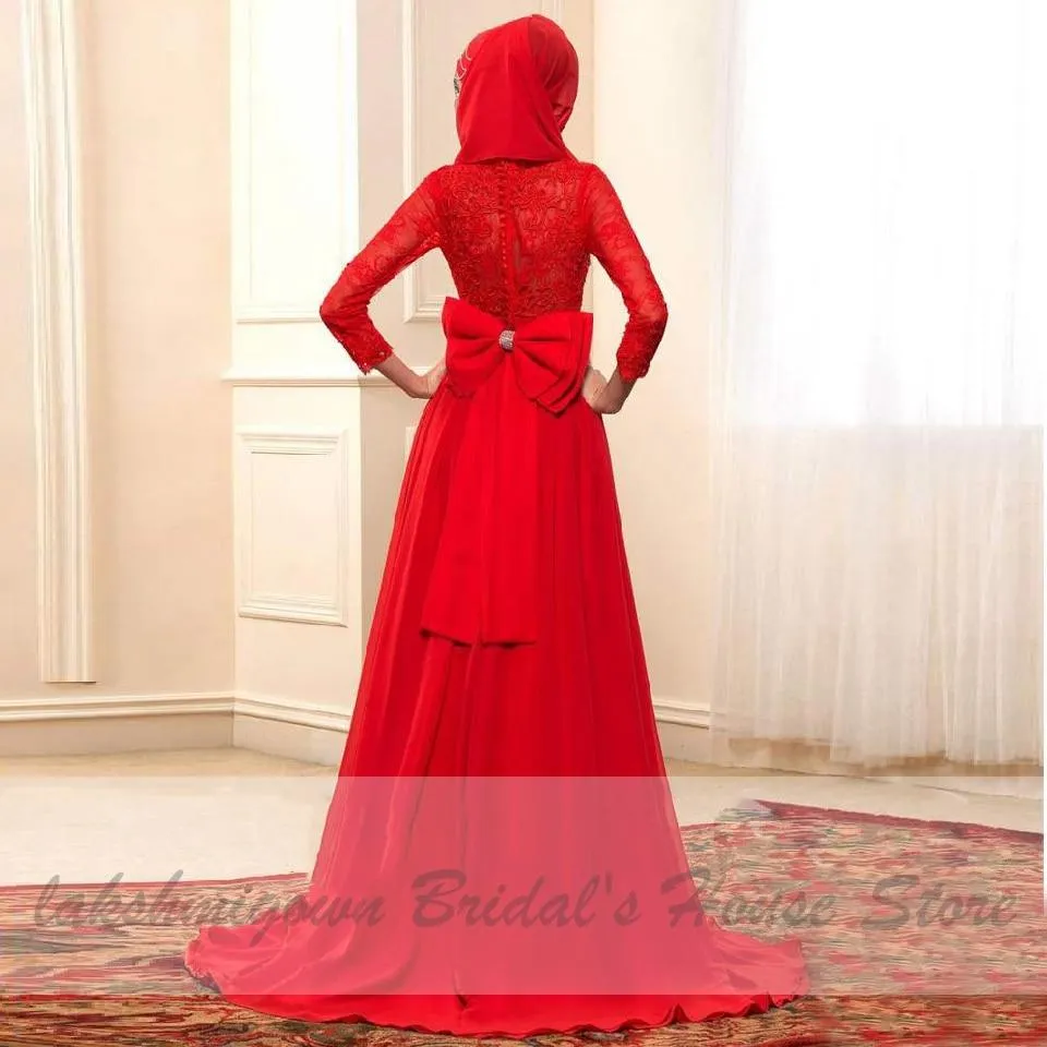 Roycebridal Red Hijab Wedding Dress Elegant Long Sleeve O Neck