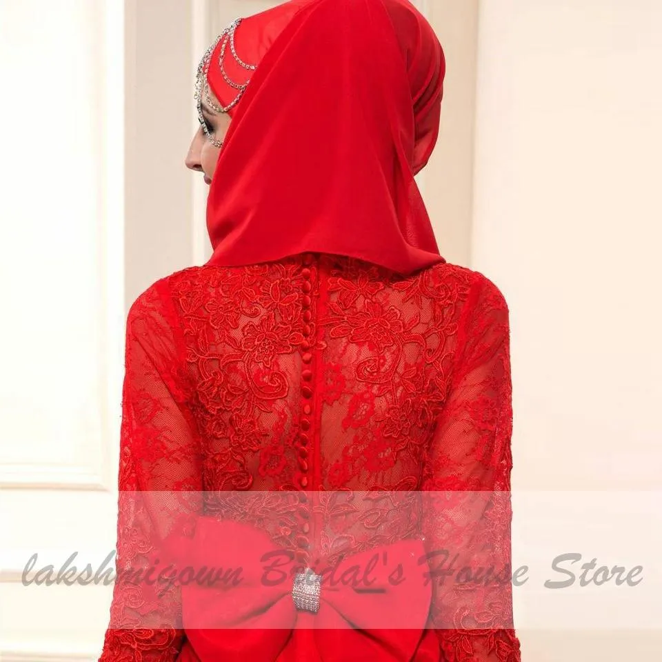 Roycebridal Red Hijab Wedding Dress Elegant Long Sleeve O Neck