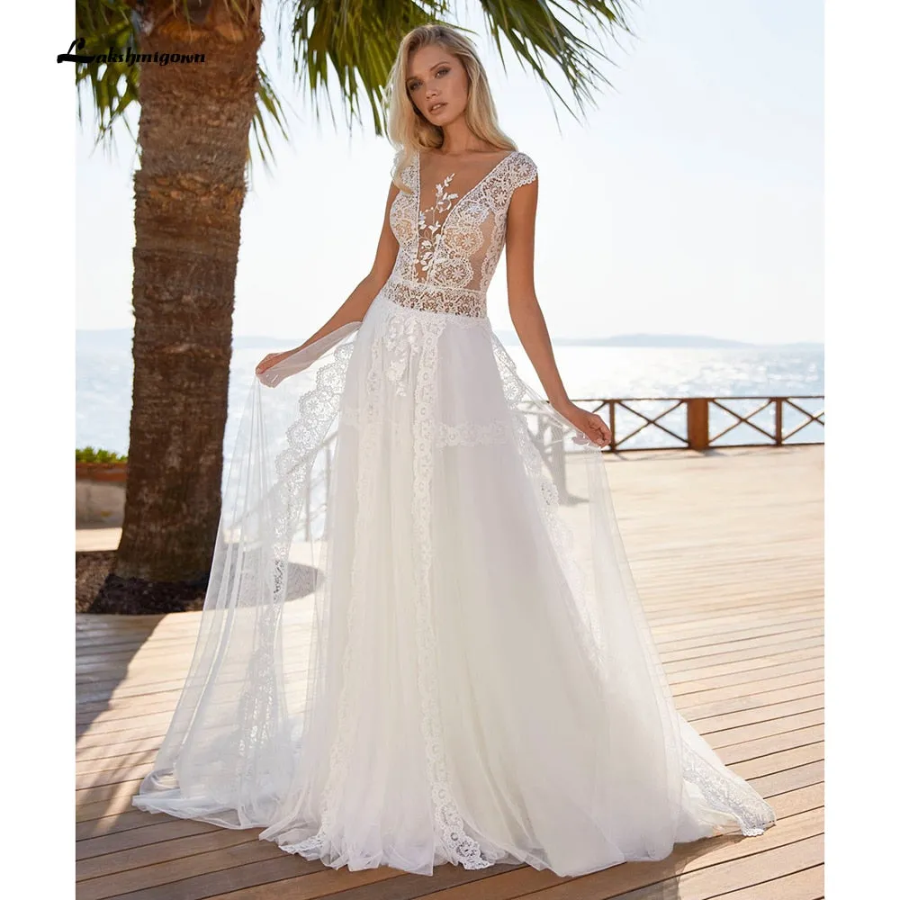 Roycebridal robe de mariée Deep V Neck Lace Cap Sleeve Backless Wedding Dresses Sexy Beach Bridal Gown trouwjurk vestido para boda playa