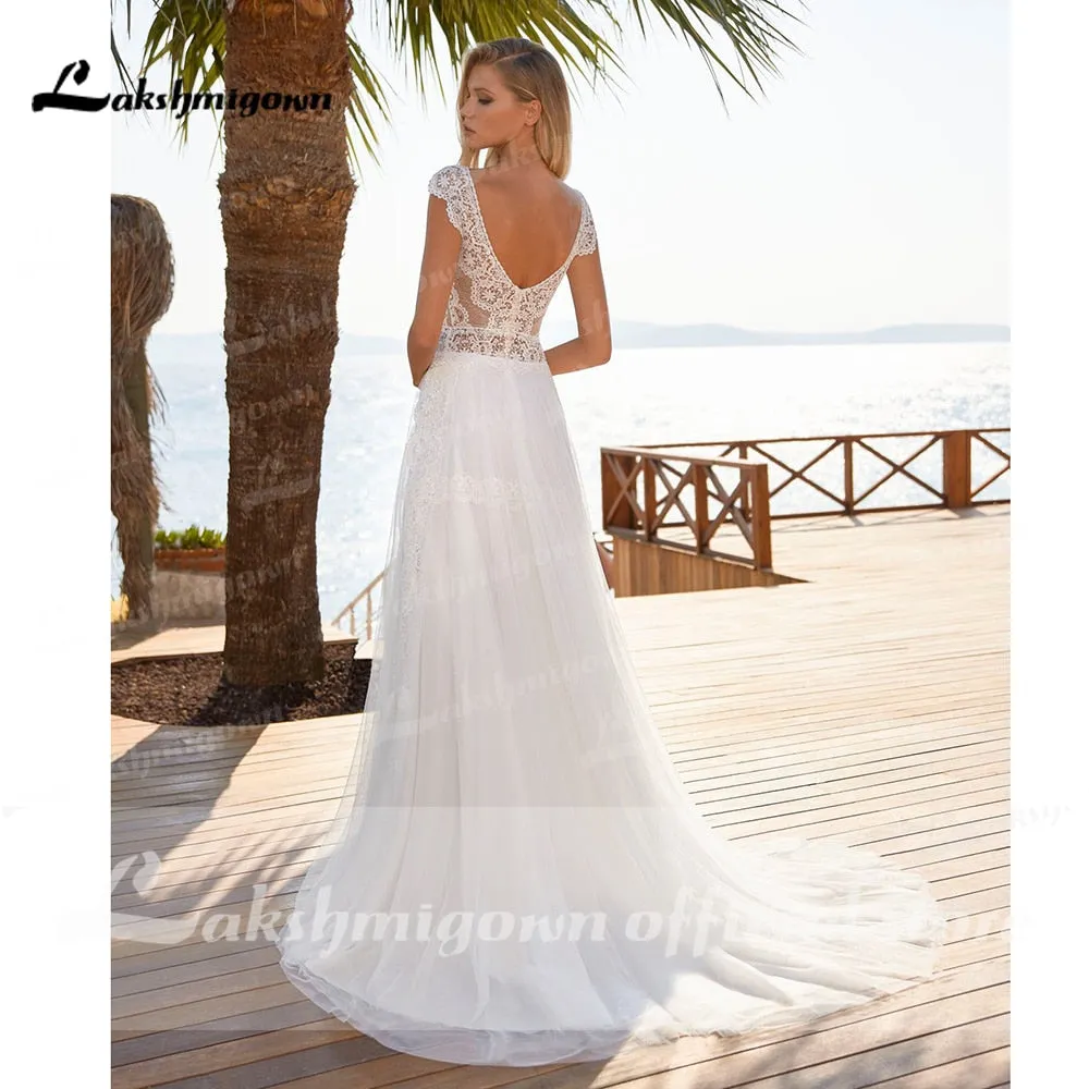 Roycebridal robe de mariée Deep V Neck Lace Cap Sleeve Backless Wedding Dresses Sexy Beach Bridal Gown trouwjurk vestido para boda playa