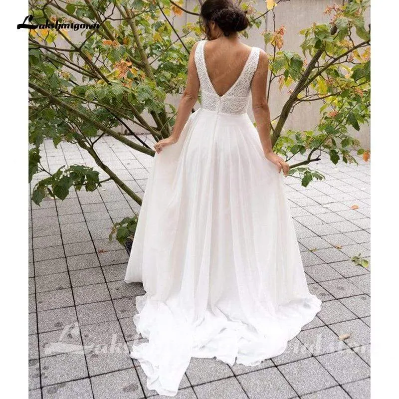 Roycebridal Romantic Beach Lace Wedding Dresses Deep V Neck
