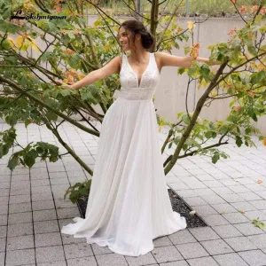 Roycebridal Romantic Beach Lace Wedding Dresses Deep V Neck