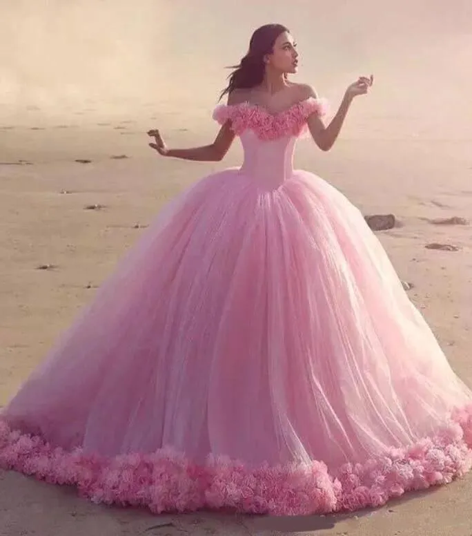 Roycebridal Romantic Poofy Pink Floral Wedding Dresses Off the Shoulder