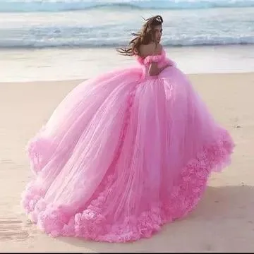 Roycebridal Romantic Poofy Pink Floral Wedding Dresses Off the Shoulder