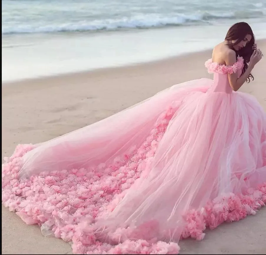 Roycebridal Romantic Poofy Pink Floral Wedding Dresses Off the Shoulder