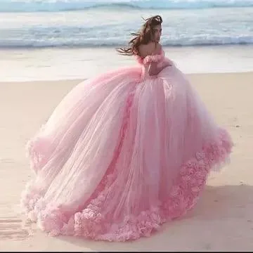 Roycebridal Romantic Poofy Pink Floral Wedding Dresses Off the Shoulder