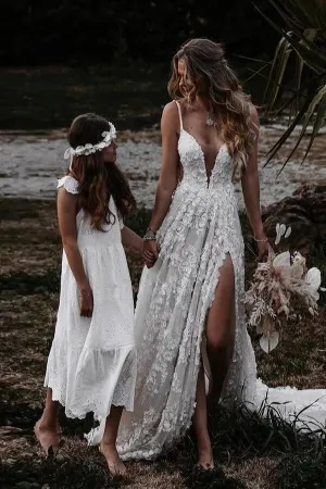 Roycebridal Rustic A-line V-neck Side Slit Lace Beach Wedding Dresses, Bridal Gown, MW645