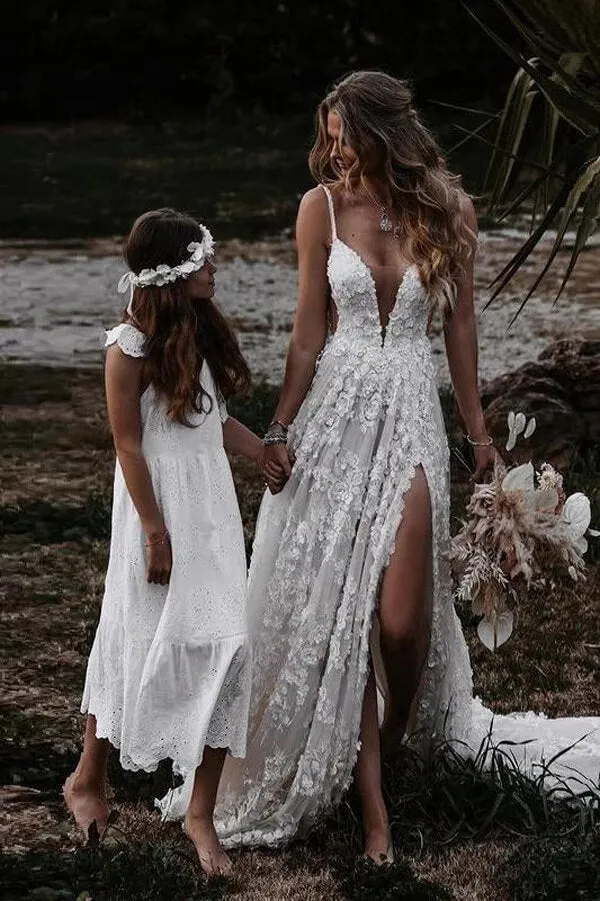 Roycebridal Rustic A-line V-neck Side Slit Lace Beach Wedding Dresses, Bridal Gown, MW645