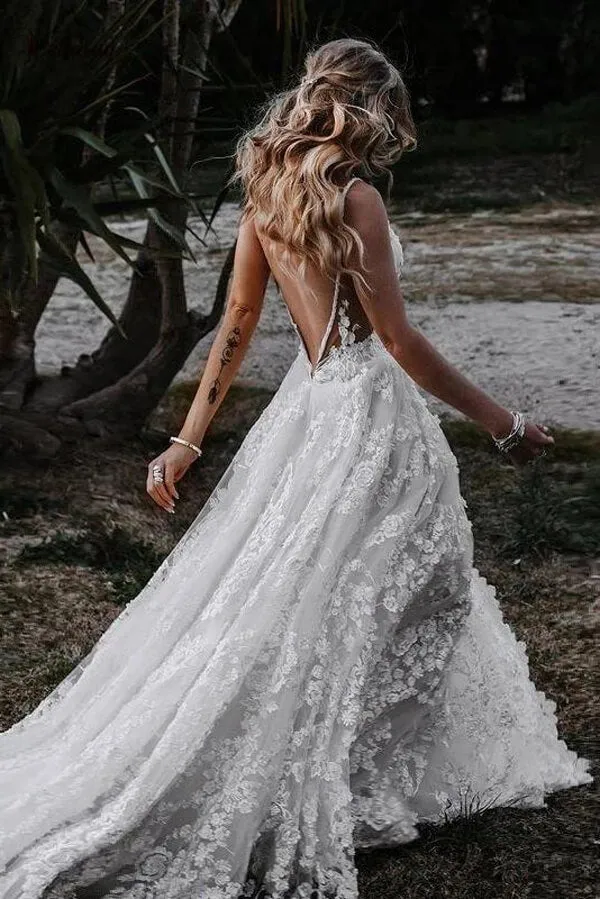 Roycebridal Rustic A-line V-neck Side Slit Lace Beach Wedding Dresses, Bridal Gown, MW645