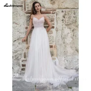 Roycebridal Simple A-Line V-Neck Lace Wedding Dress White sleeveless