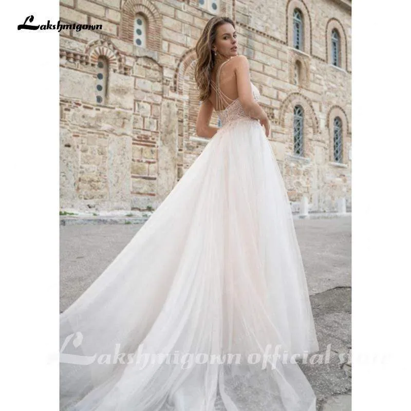 Roycebridal Simple A-Line V-Neck Lace Wedding Dress White sleeveless
