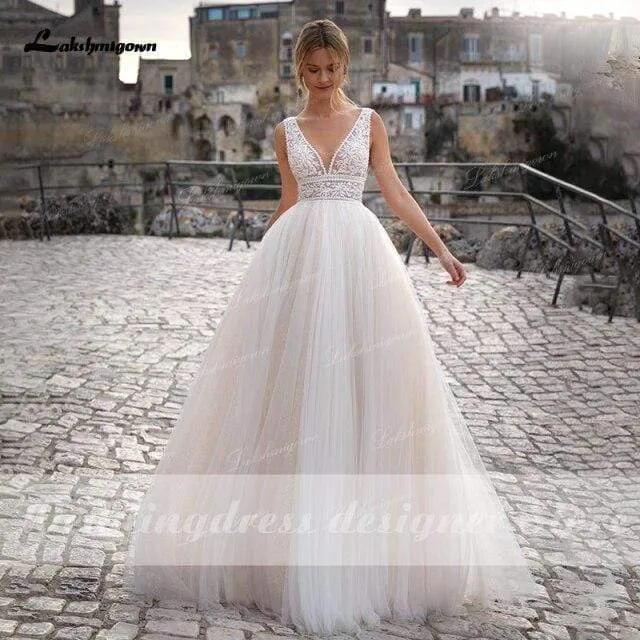 Roycebridal Summer Beach A-Line Princess Wedding Dresses V Neckline