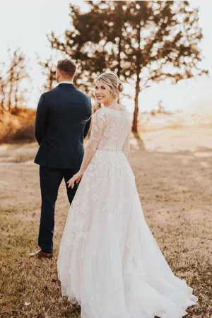 Roycebridal Tulle A-Line Long Sleeves Lace Appliqued Wedding Dresses, Bridal Gowns, MW605