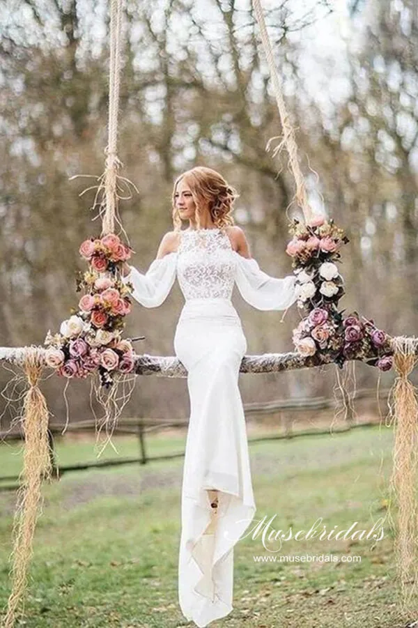 Roycebridal Unique Mermaid Lace Top Long Sleeves Wedding Dresses, Bridal Dress, MW615