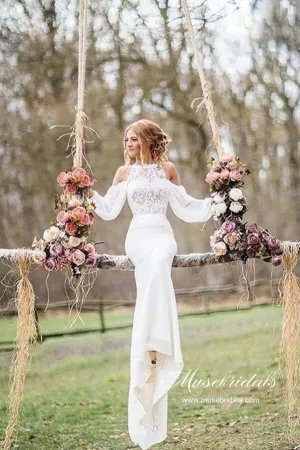 Roycebridal Unique Mermaid Lace Top Long Sleeves Wedding Dresses, Bridal Dress, MW615