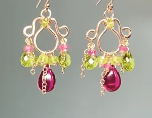 Rubellite and Peridot Rose Gold Chandelier Earrings - Pink and Green