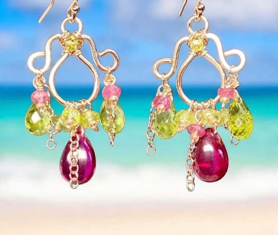 Rubellite and Peridot Rose Gold Chandelier Earrings - Pink and Green