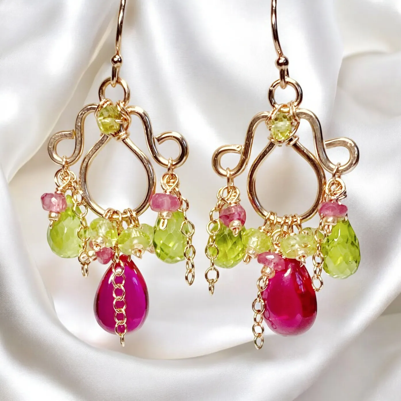 Rubellite and Peridot Rose Gold Chandelier Earrings - Pink and Green