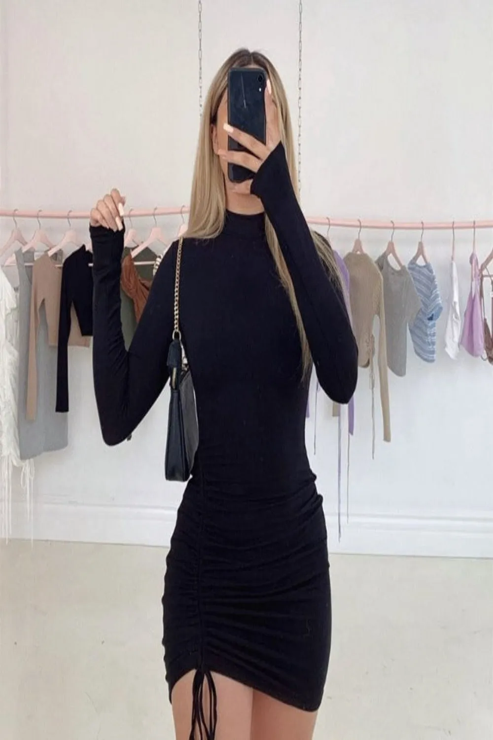 Ruched Bodycon Long Sleeve Lace Up Draped Dress