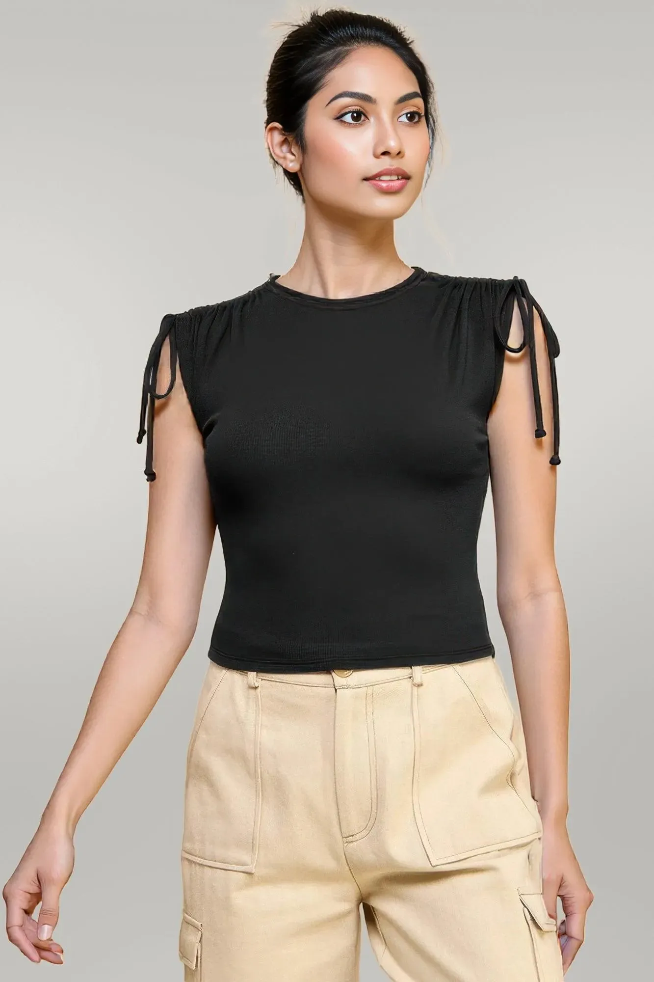 Ruching Shoulder Ribbed Top