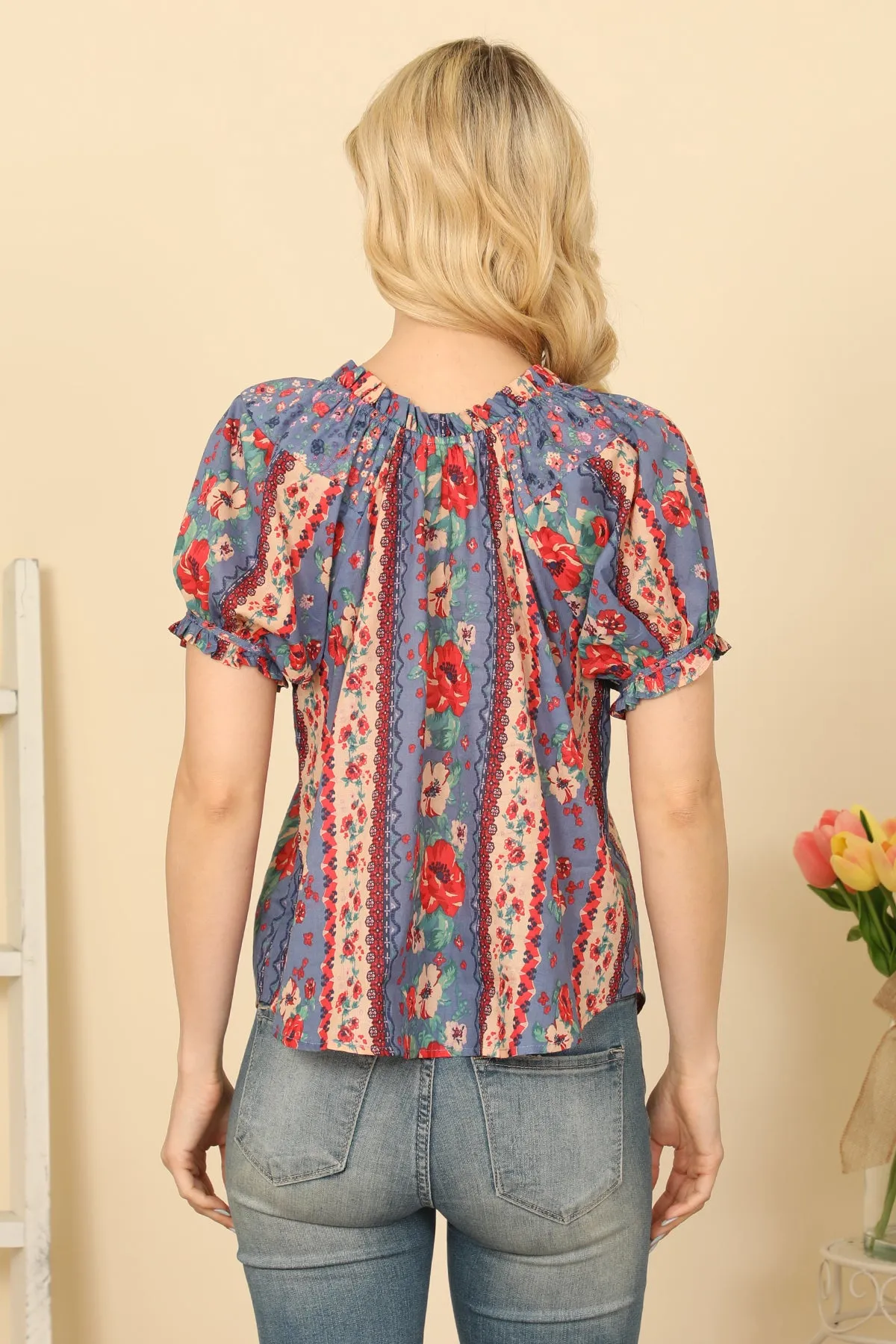 Ruffle V-Neck Tie Detail Puff Sleeve Floral Top