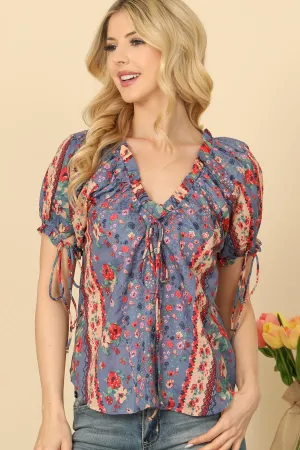Ruffle V-Neck Tie Detail Puff Sleeve Floral Top