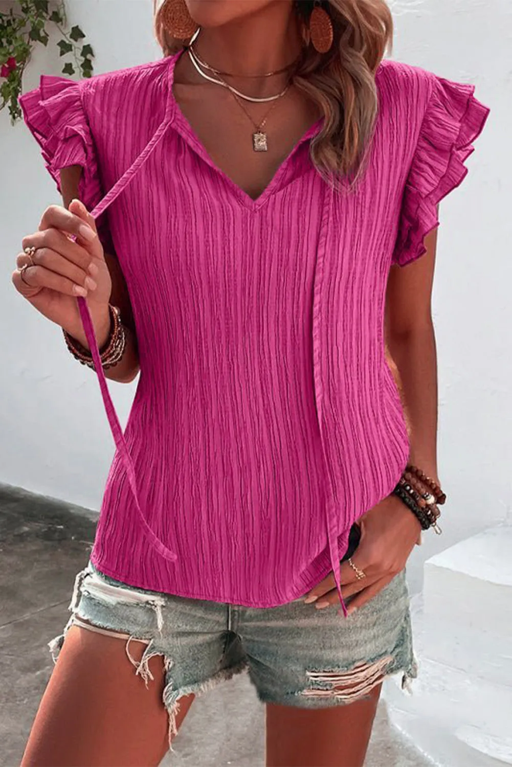 Ruffled Tie Neck Cap Sleeve Blouse (2 Colors)