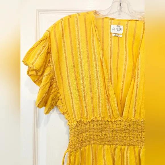 Saylor Adrianne flutter Ruffle-Sleeve cotton Mini Dress yellow gold smock sz XS