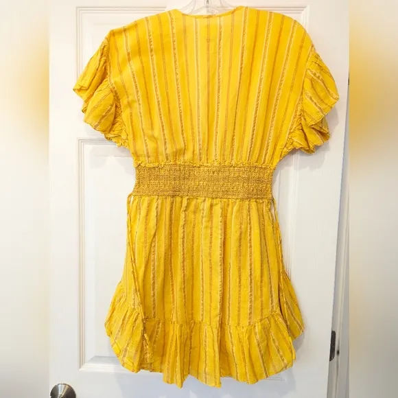 Saylor Adrianne flutter Ruffle-Sleeve cotton Mini Dress yellow gold smock sz XS