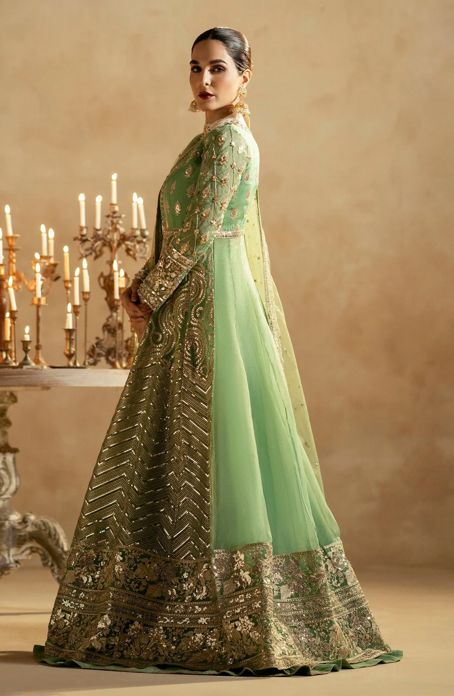 Sea Green Embroidered Pakistani Wedding Dress Gown Style Pishwas