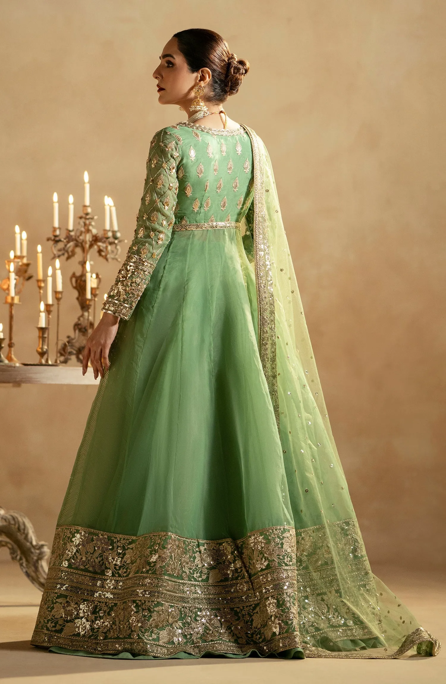 Sea Green Embroidered Pakistani Wedding Dress Gown Style Pishwas