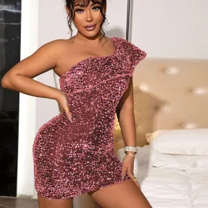 Sequin Ruffle One Shoulder Bodycon Party Mini Dress - Pink