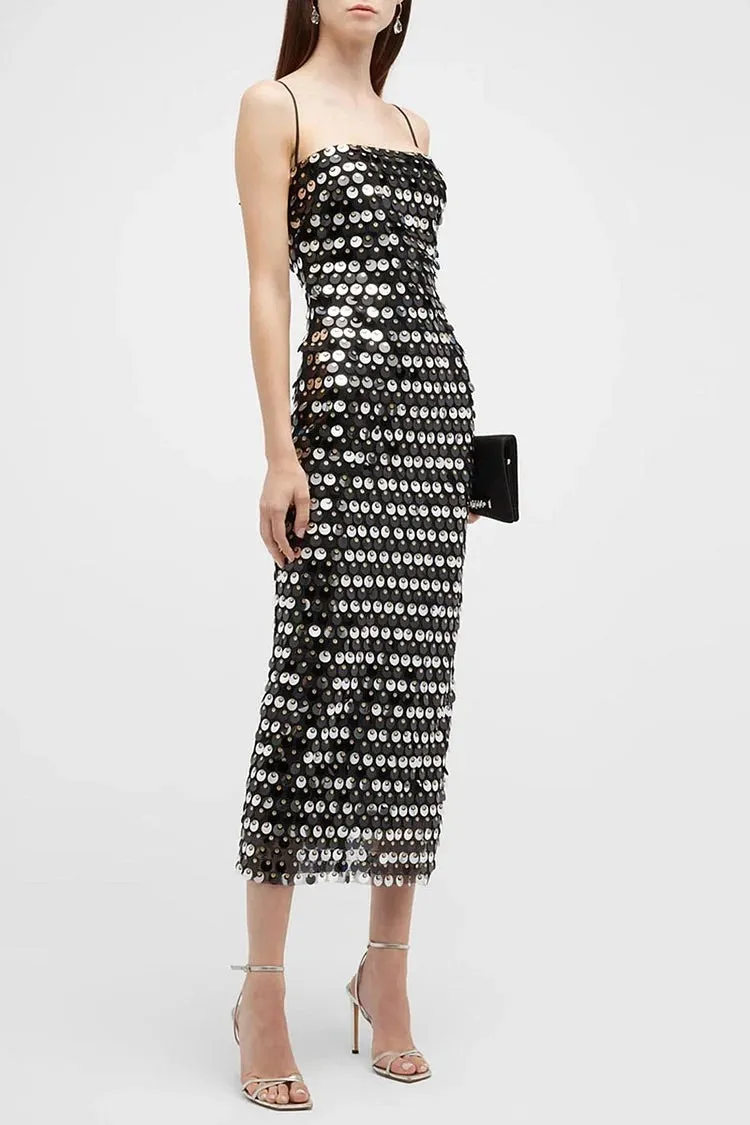 Sequins Spaghetti Strap Slim Fit Birthday Party Midi Dresses
