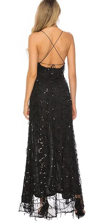 Sexy Backless Sequin Long Evening Dresses