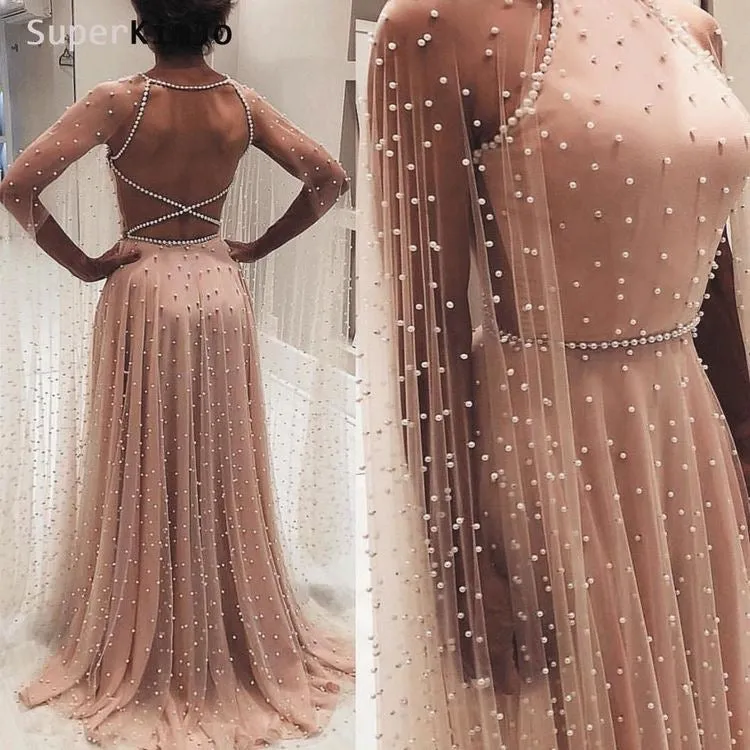 Sexy Champagne Gold Prom Dresses Sheer Long Sleeves Pearls Tulle Long Evening Gowns