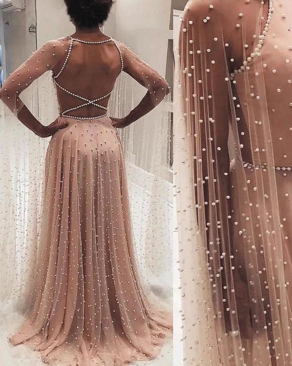 Sexy Champagne Gold Prom Dresses Sheer Long Sleeves Pearls Tulle Long Evening Gowns