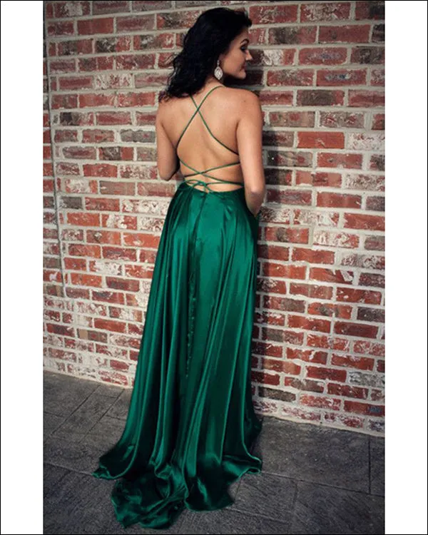 Sexy Dark Green Prom Dresses with Criss-Cross Straps Fashion Slit Evening Gowns 2018 Long